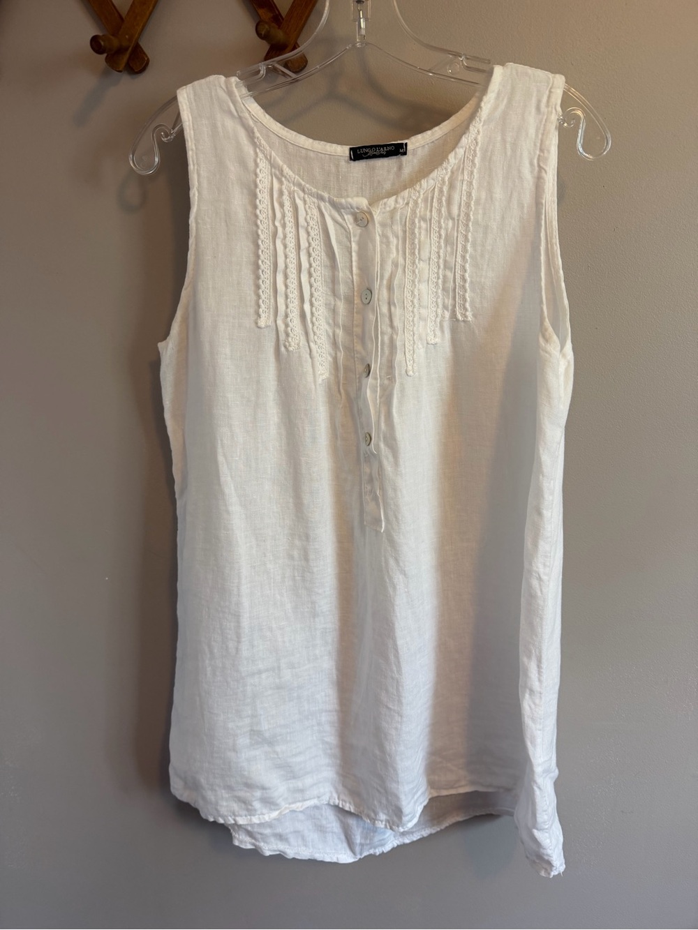 Lungo L'Arno White 100% Linen Lace Trim Tank Top M